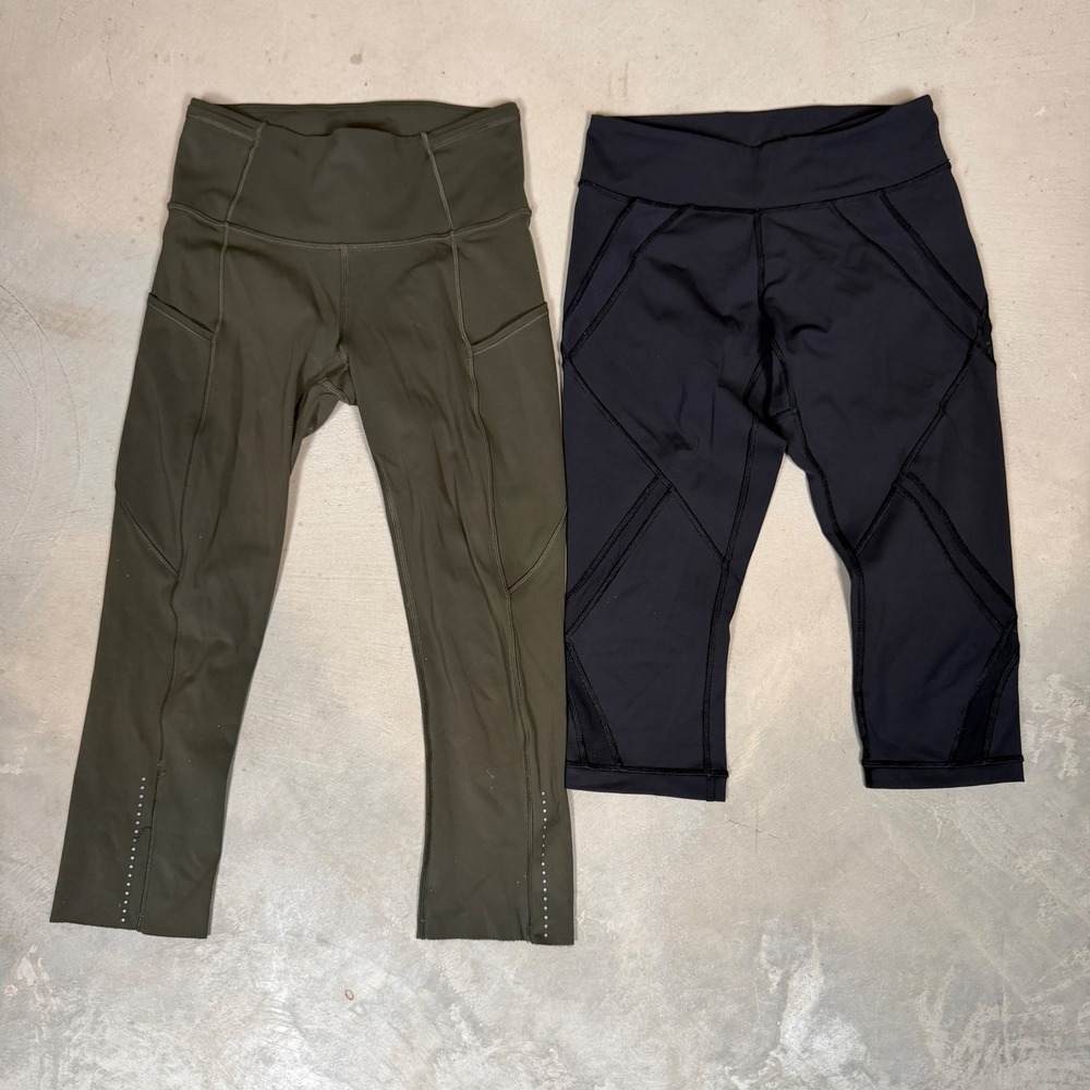 Lululemon Womens Capri Leggings Bundle Size 4 Olive Green Pockets Black Mesh Cap